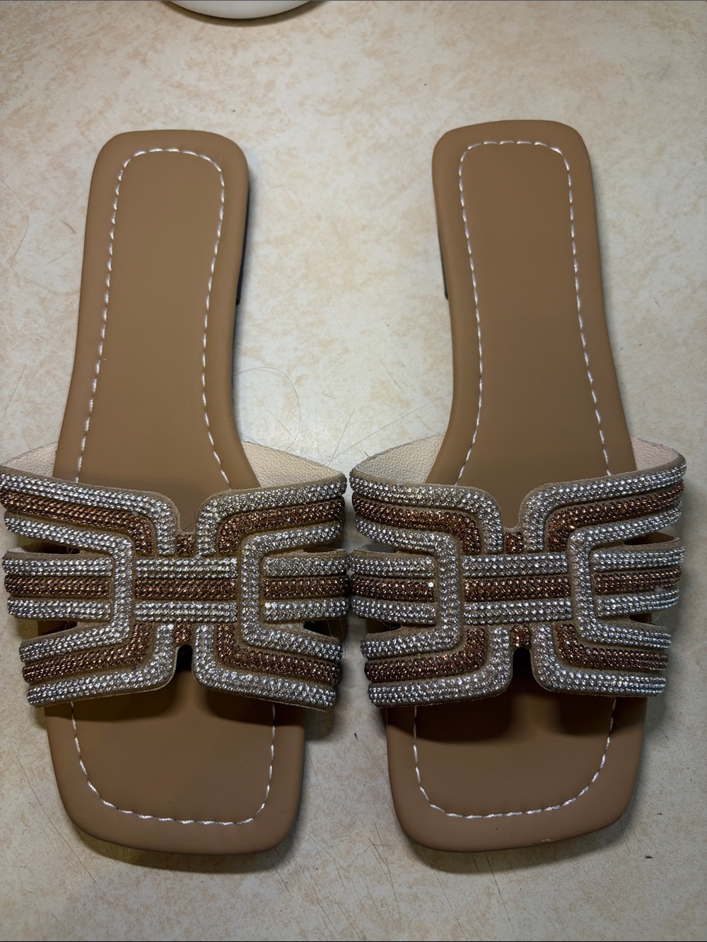 Beaded Tan Slide Sandals with Metallic Accents